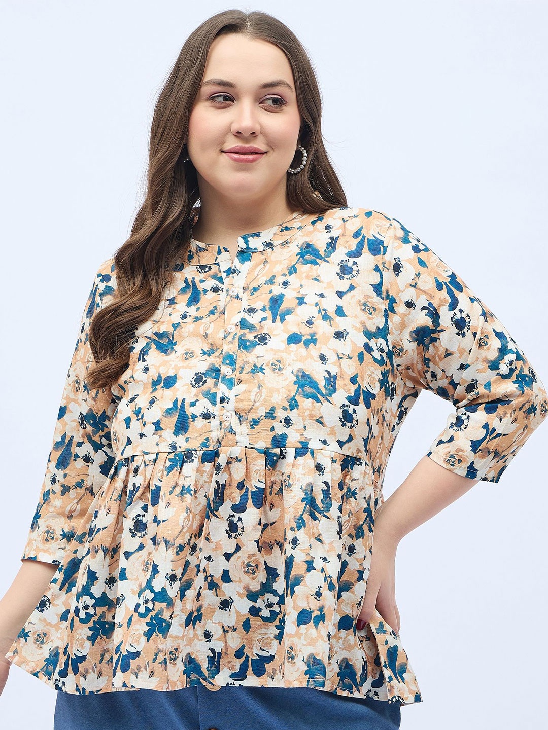 

DressBerry Curve Women Floral Printed Plus Size A-Line Top, Cream