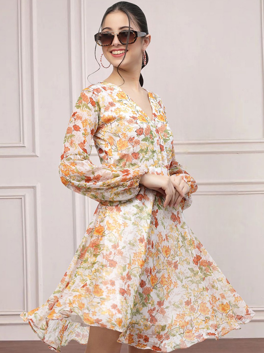 

MISS AYSE Floral Printed Fit & Flare Dress, Beige