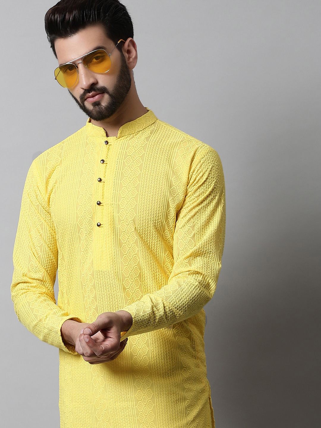 

Jompers Men Embroidered Regular Chikankari Pure Cotton Kurta with Pyjamas, Yellow