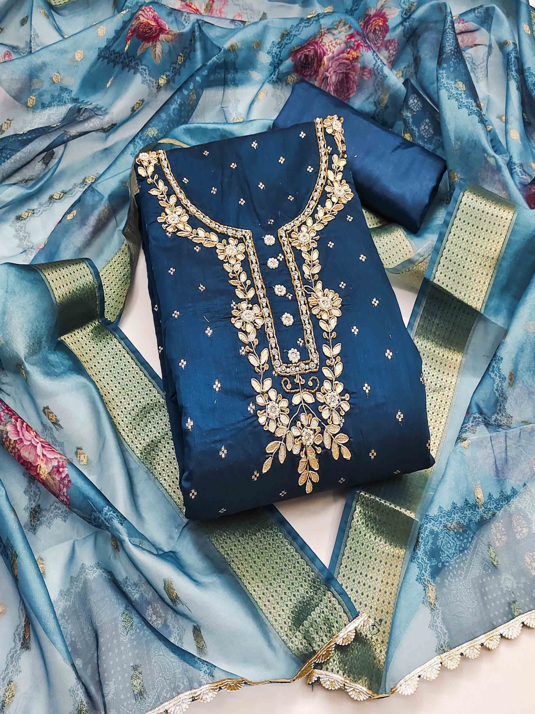 

HERE&NOW Embellished Unstitched Dress Material, Blue
