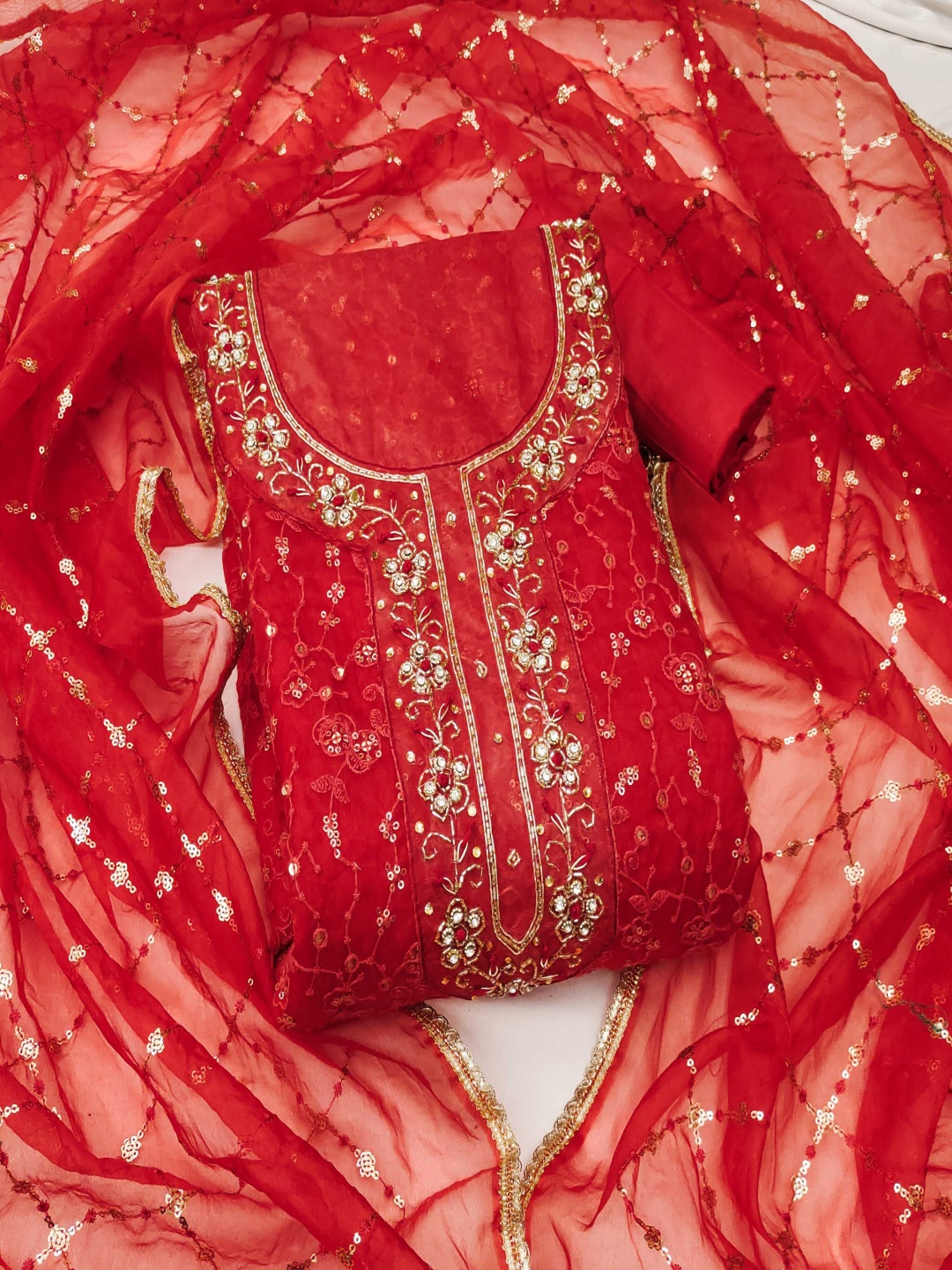 

HERE&NOW Embellished Organza Unstitched Dress Material, Red
