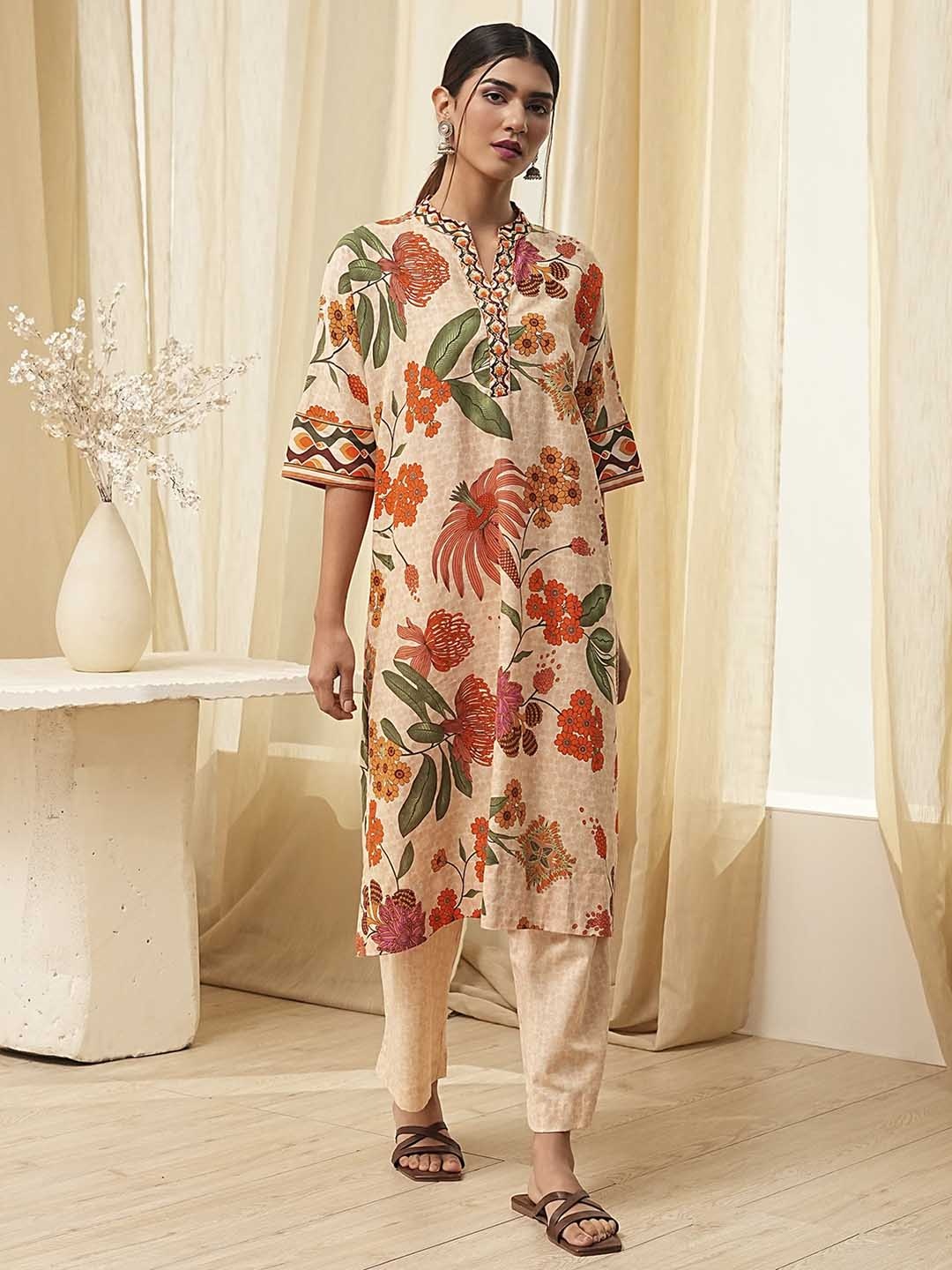 

Biba Women Floral Printed Regular Kurta with Palazzos, Beige