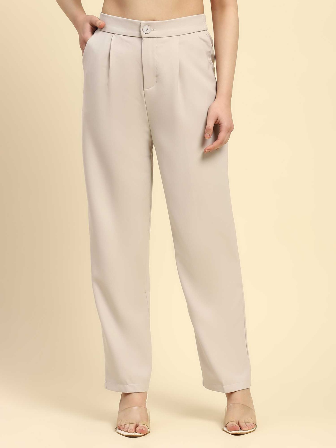 

Global Republic Women Relaxed Straight Leg High-Rise Easy Wash Trousers, Off white