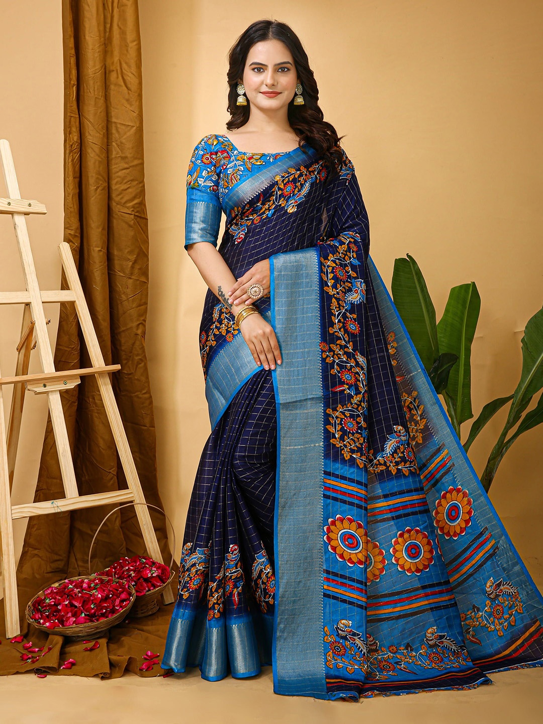 

KAYOMMI Kalamkari Zari Banarasi Saree, Navy blue