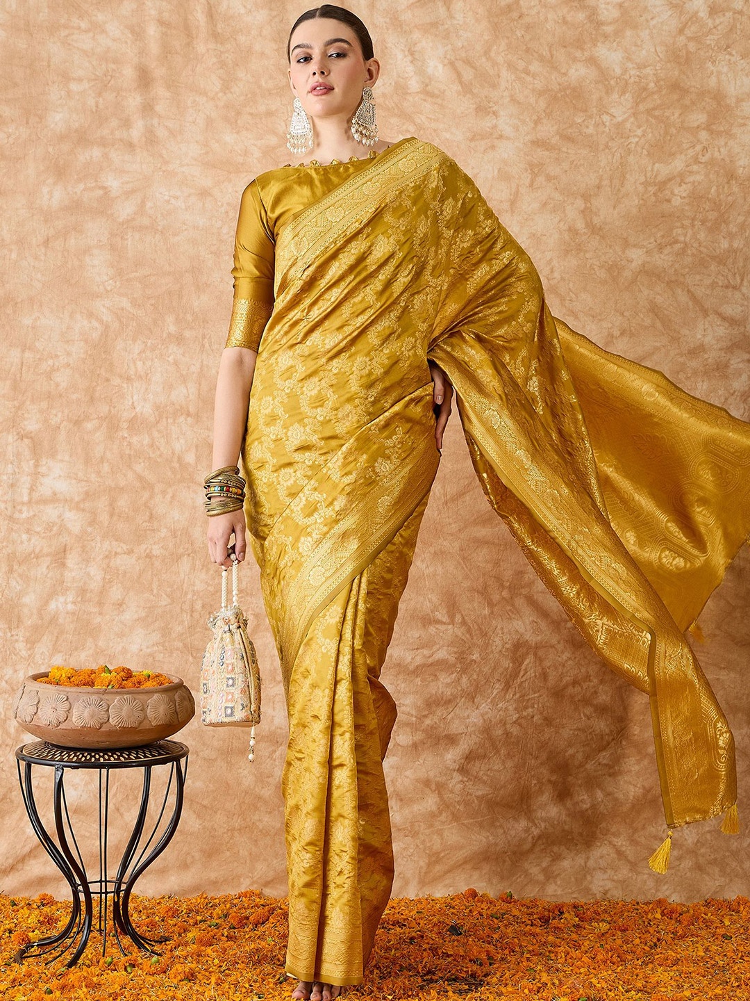 

Maroosh Ethnic Motifs Zari Silk Blend Banarasi Saree, Mustard