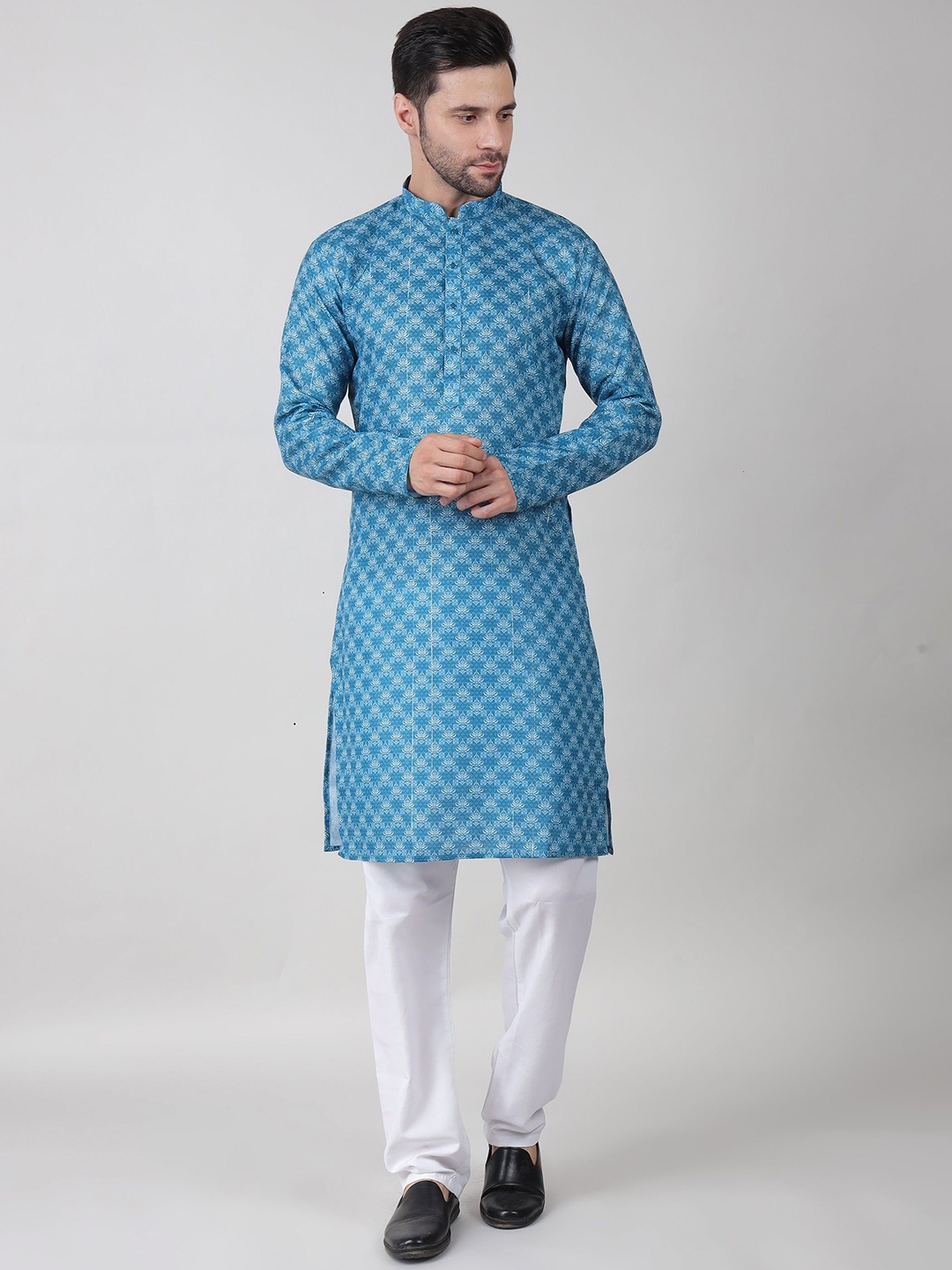 

John Philips Ethnic Motifs Woven Design Band Collar Straight Kurta, Blue