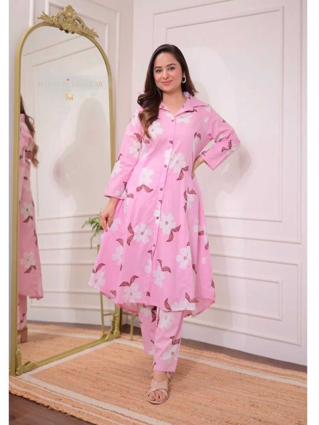 

ETHNIC VILLAA Floral Printed Shirt Collar A-Line Kurta With Palazzos, Pink