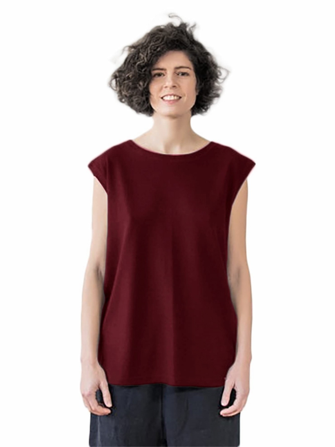 

NOTWILD Women Solid Round Neck Cotton T-shirt, Burgundy