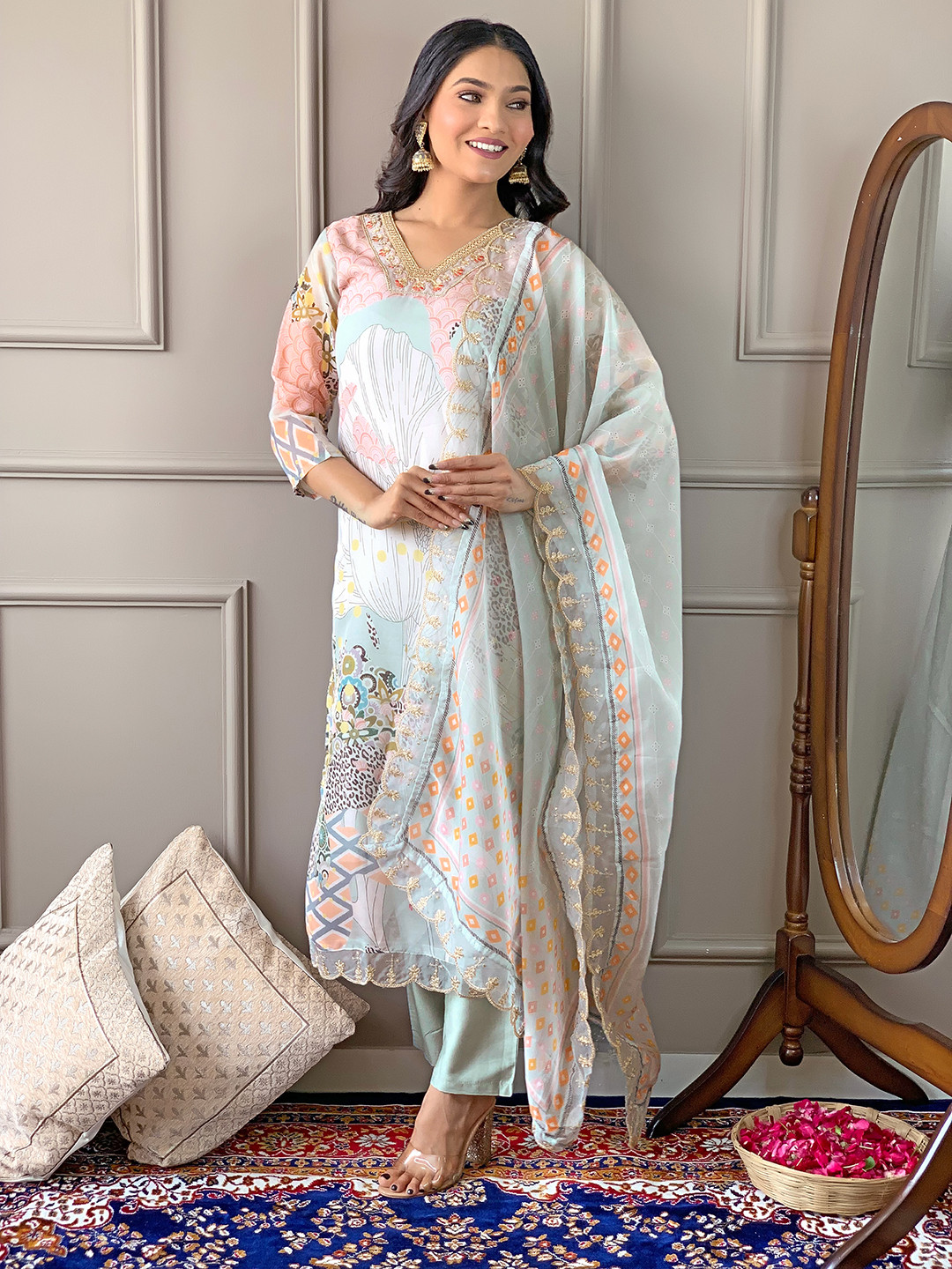 

KALINI Ethnic Motifs Printed V-Neck Zari Organza Straight Kurta With Trousers And Dupatta, Green