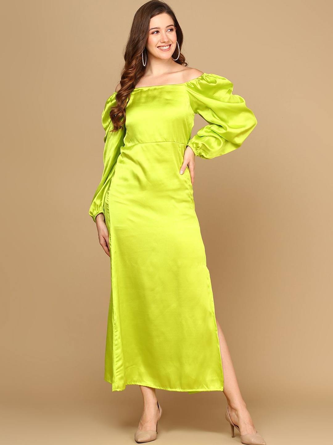 

MISS HAUTE Off-Shoulder Puff Sleeve Satin Dress With Front Slit, Fluorescent green
