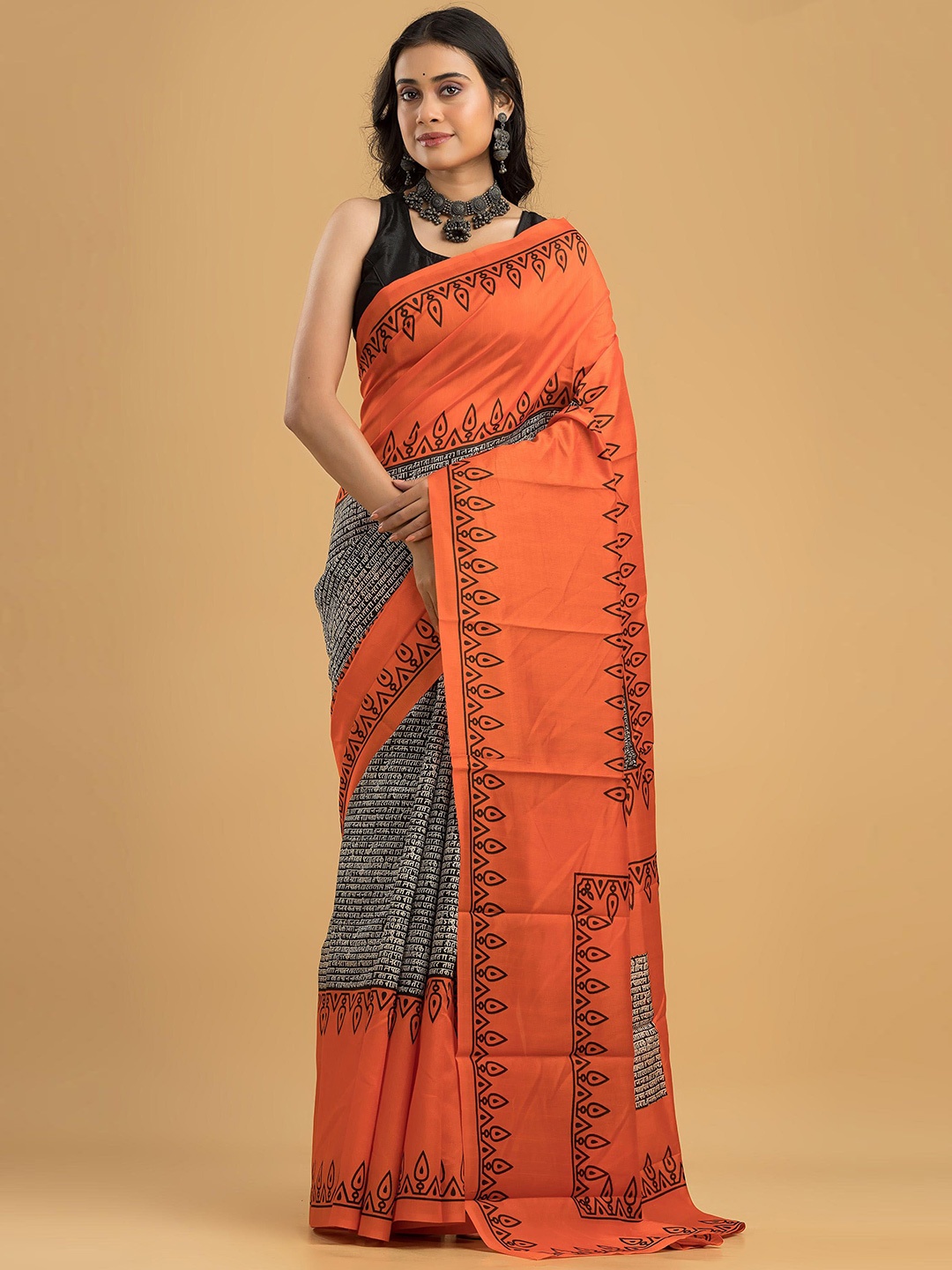 

Dheu Ethnic Motifs Block Print Saree, Orange