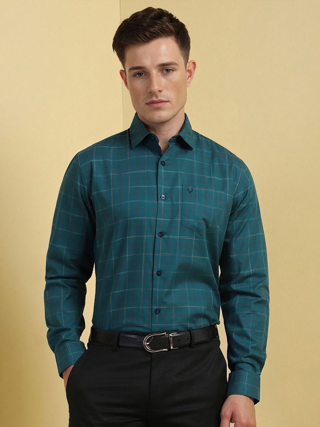 

Allen Solly Men Slim Fit Spread Collar Checked Cotton Formal Shirt, Teal