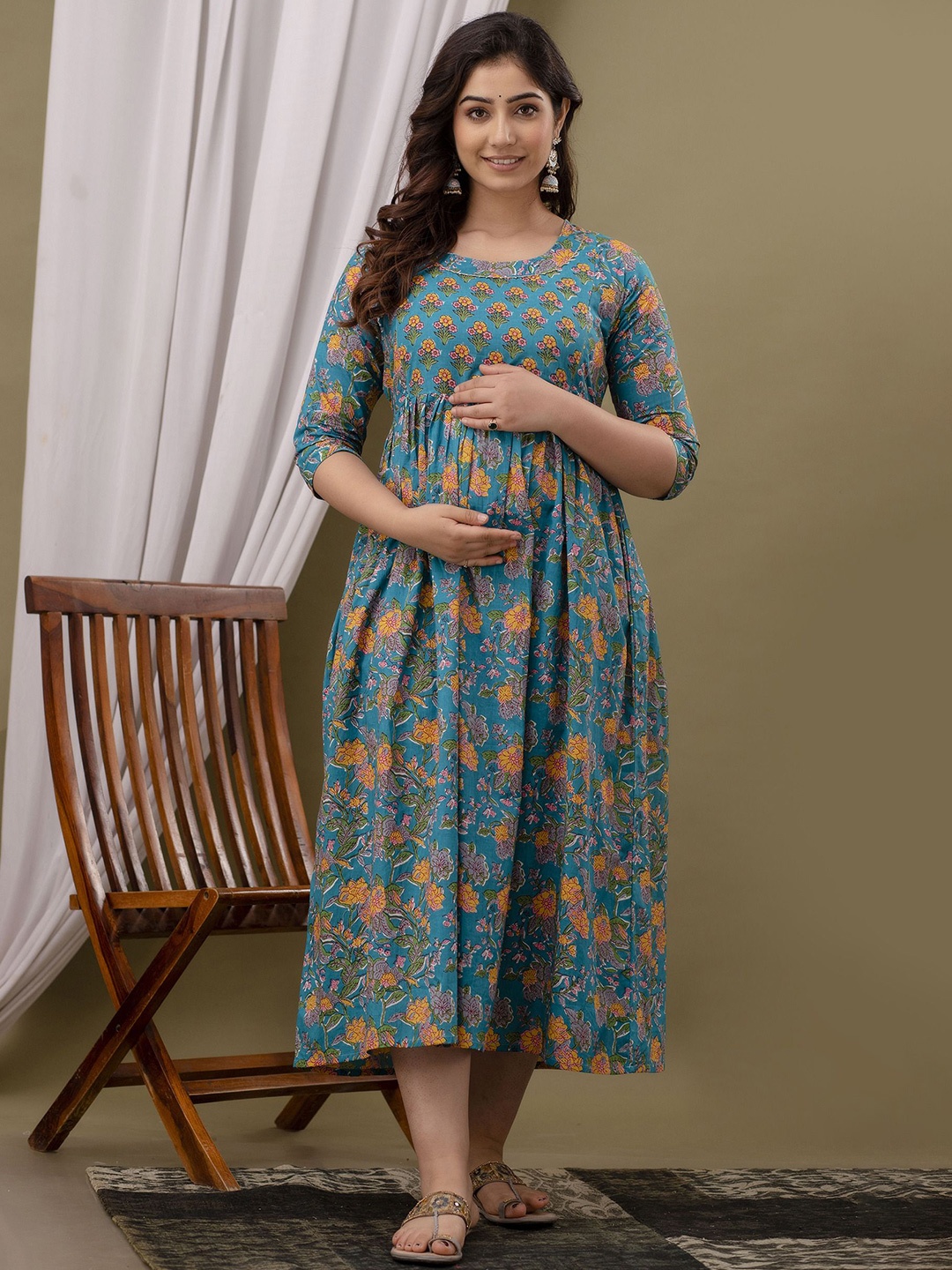 

FEMARY Women Floral Printed Cotton Maternity Fit and Flare Midi Dress, Green