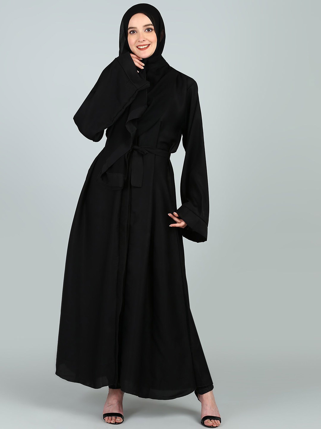 

BROKE BRAND Front Open Abaya With Belt, Black