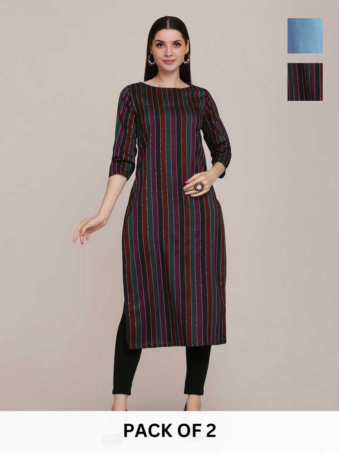 

KALINI Selection Of 2 Striped Round Neck Straight Kurtas, Purple