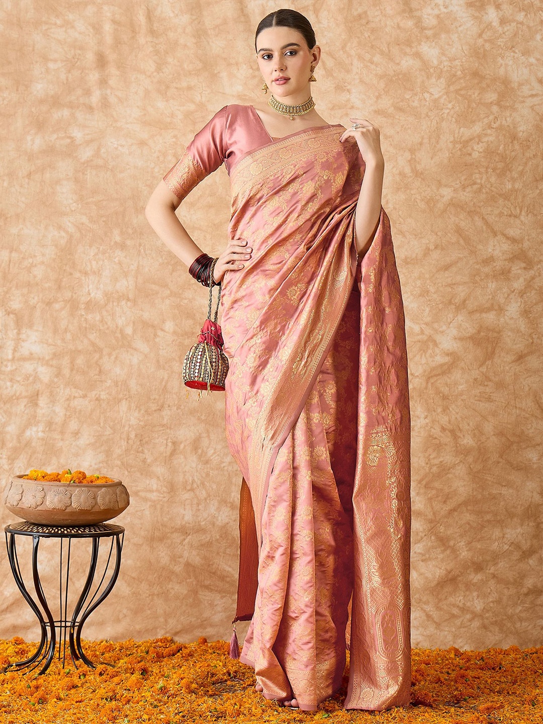 

MANVAA Woven Design Zari Silk Blend Banarasi Saree, Rose gold