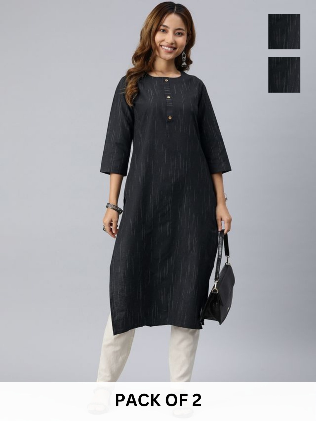 

KALINI Selection Of 2 Round Neck Straight Kurtas, Black