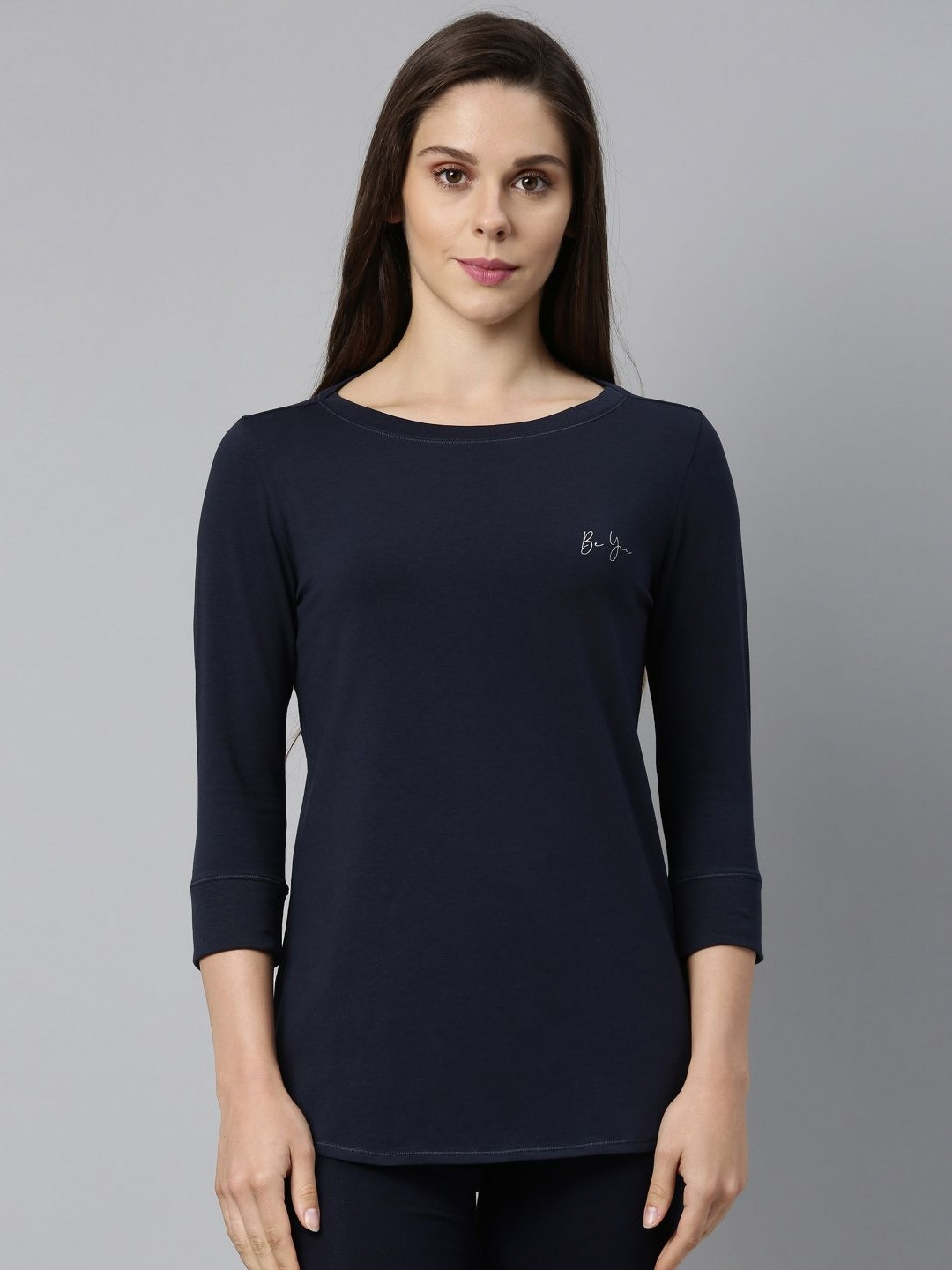 

Enamor Women Solid Round Neck Cotton Slim Fit T-shirt, Navy blue