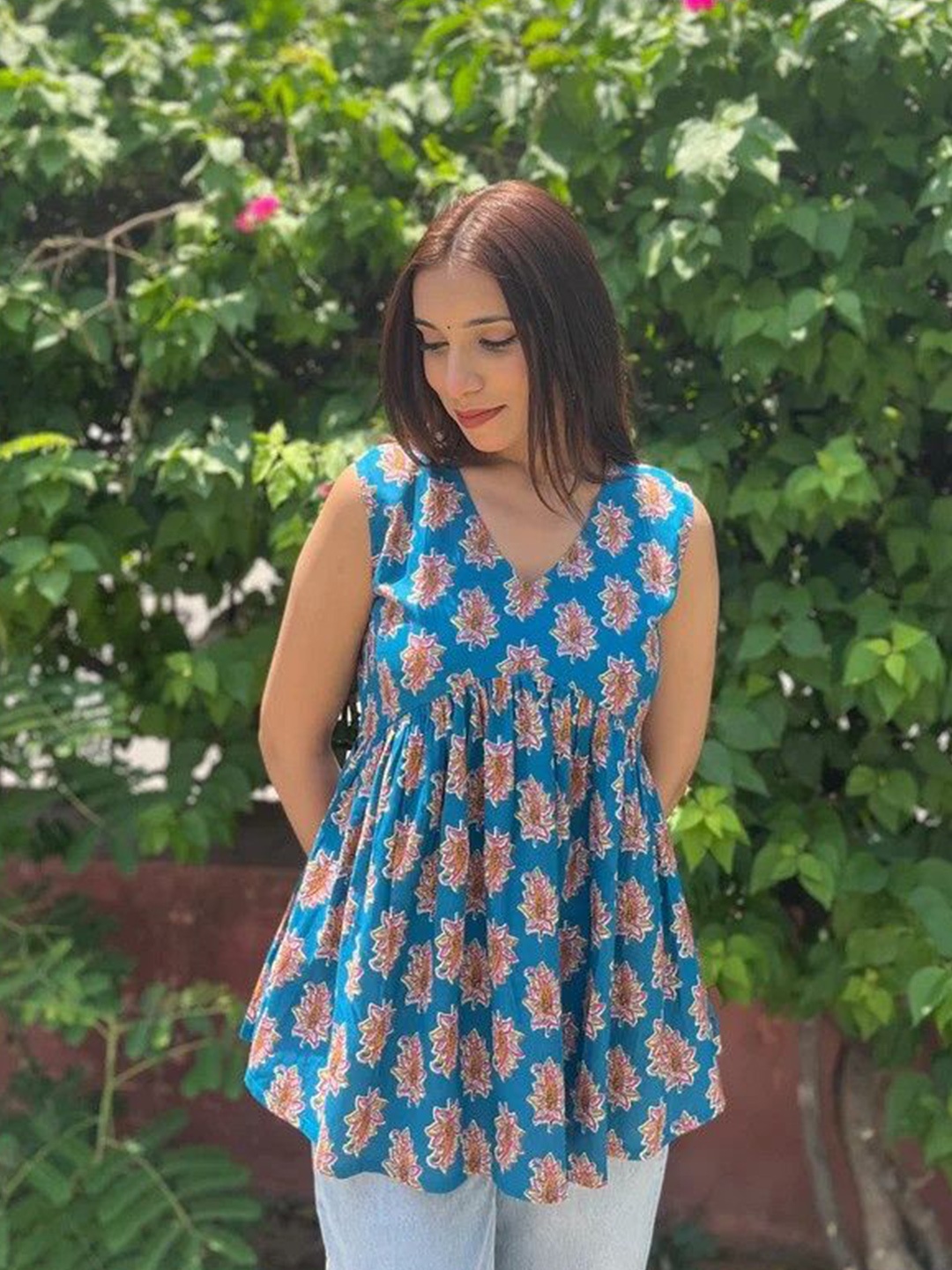 

JONAYA Ethnic Motifs Printed Cotton Empire Top, Blue