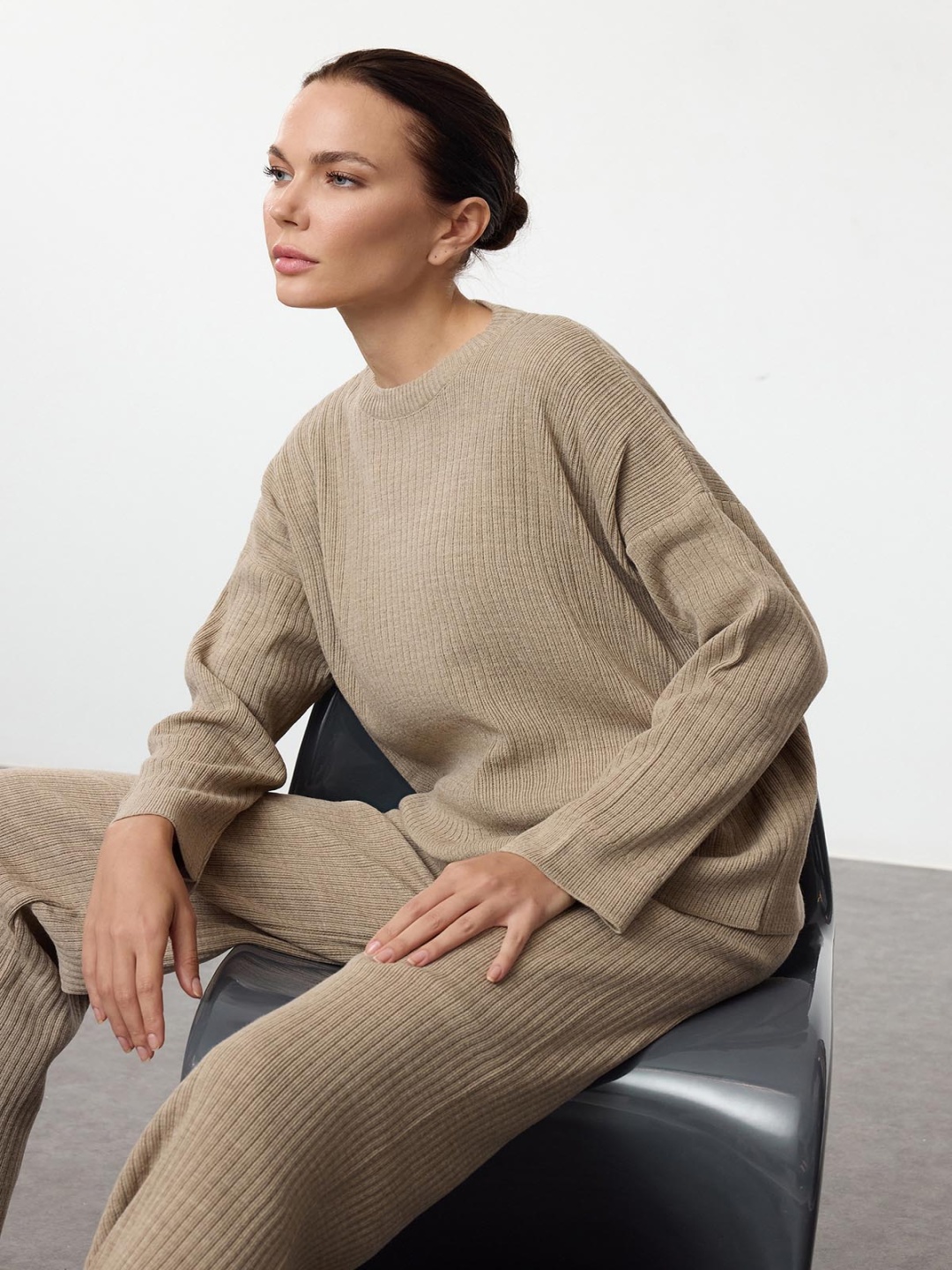 

Trendyol Ribbed Self Design Round Neck Sweater And Trouser, Beige