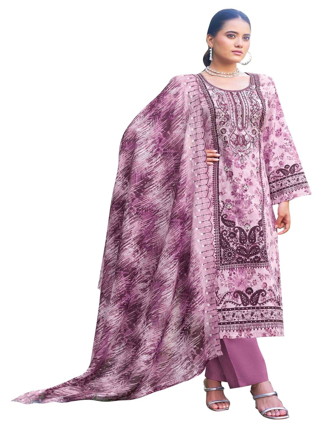 

DRAVINAM Floral Embroidered Pure Cotton Unstitched Dress Material, Purple