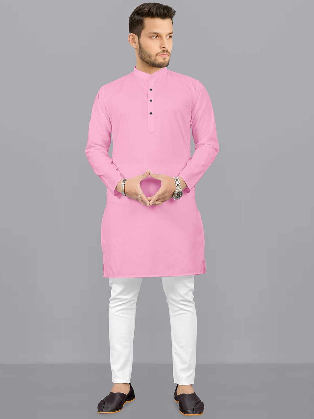 

Fashion FRICKS Band Collar Long Sleeves Straight Kurta with Pyjamas, Pink