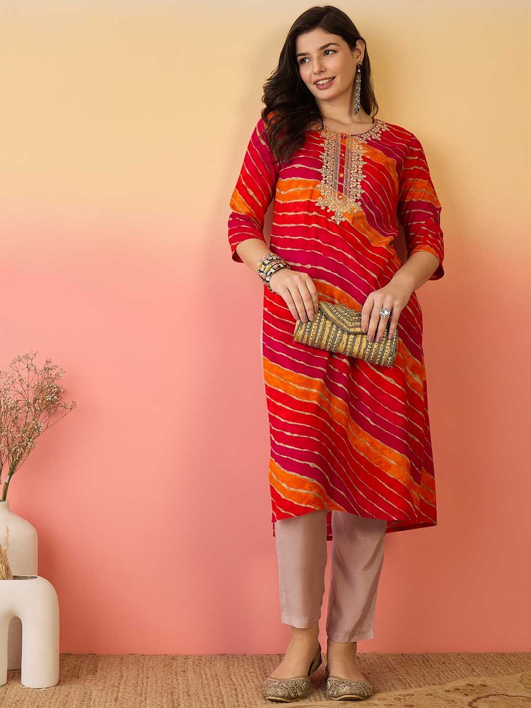 

Sangria Red Leheriya Printed Round Neck Embroidered Sequinned Straight Kurta