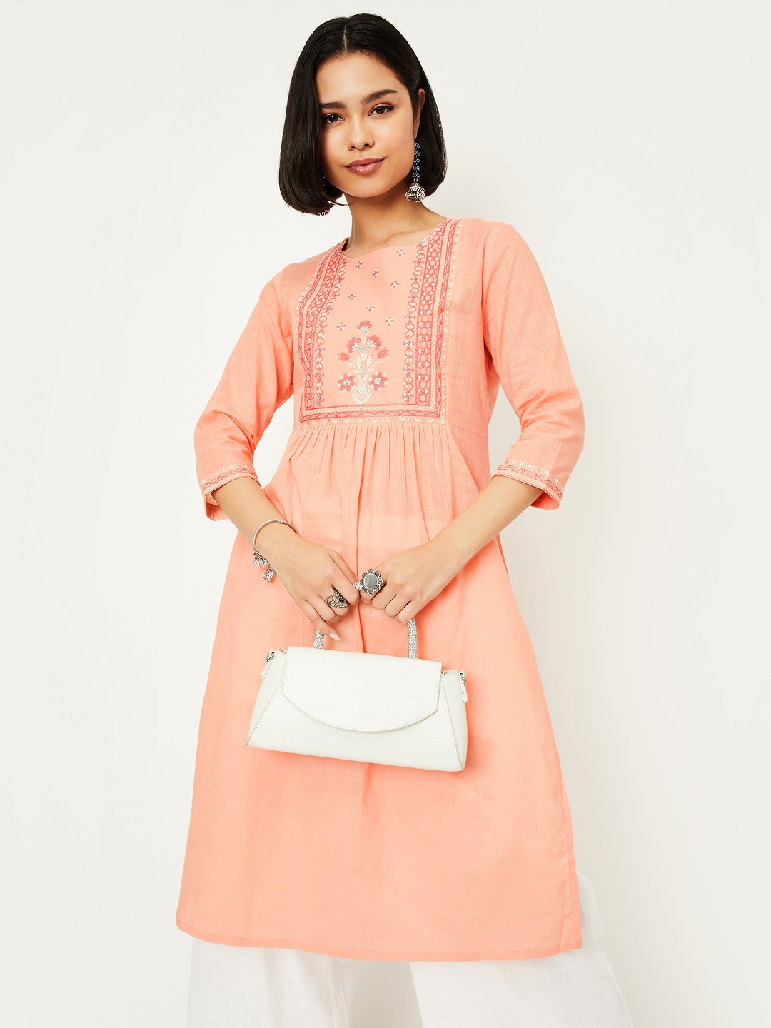 

max Floral Embroidered Round Neck A-Line Kurta, Orange