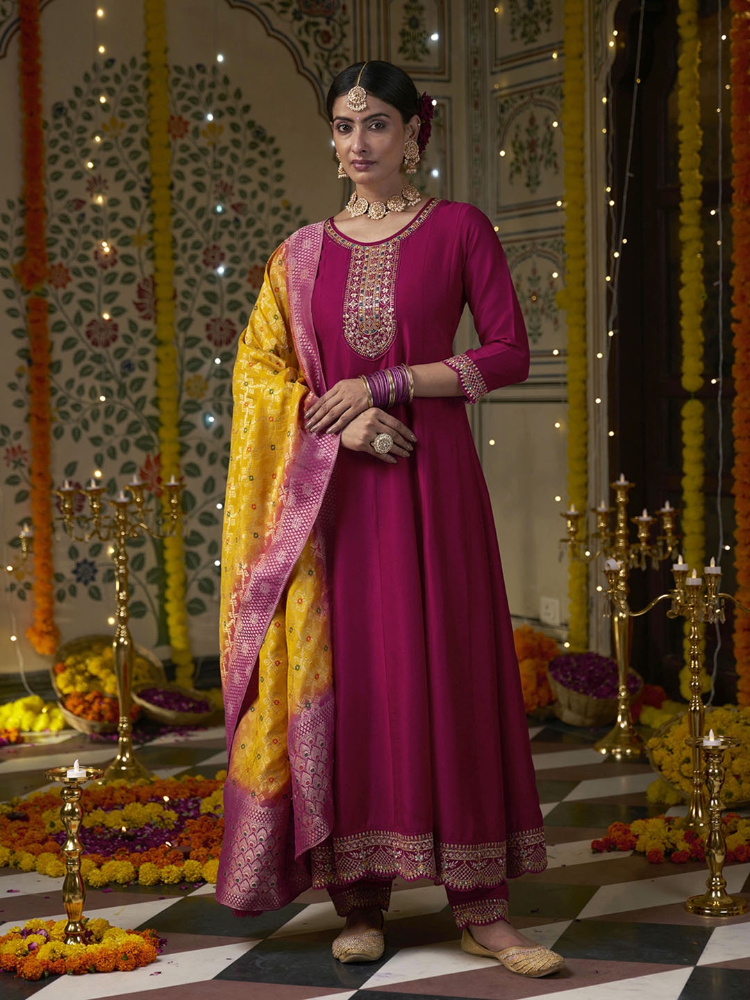 

Kvsfab Floral Embroidered Panelled Sequinned A-Line Kurta with Trousers & Dupatta, Magenta