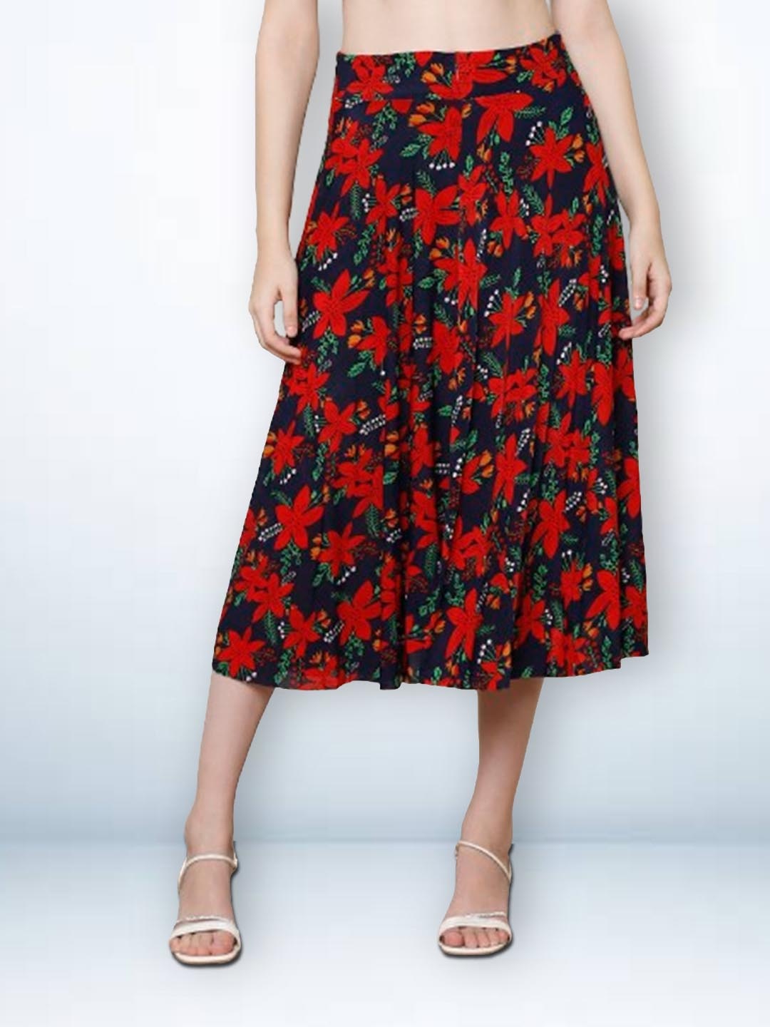 

Jinfo Women Floral Printed Flared Mid Skirt With Attached Shorts, Navy blue