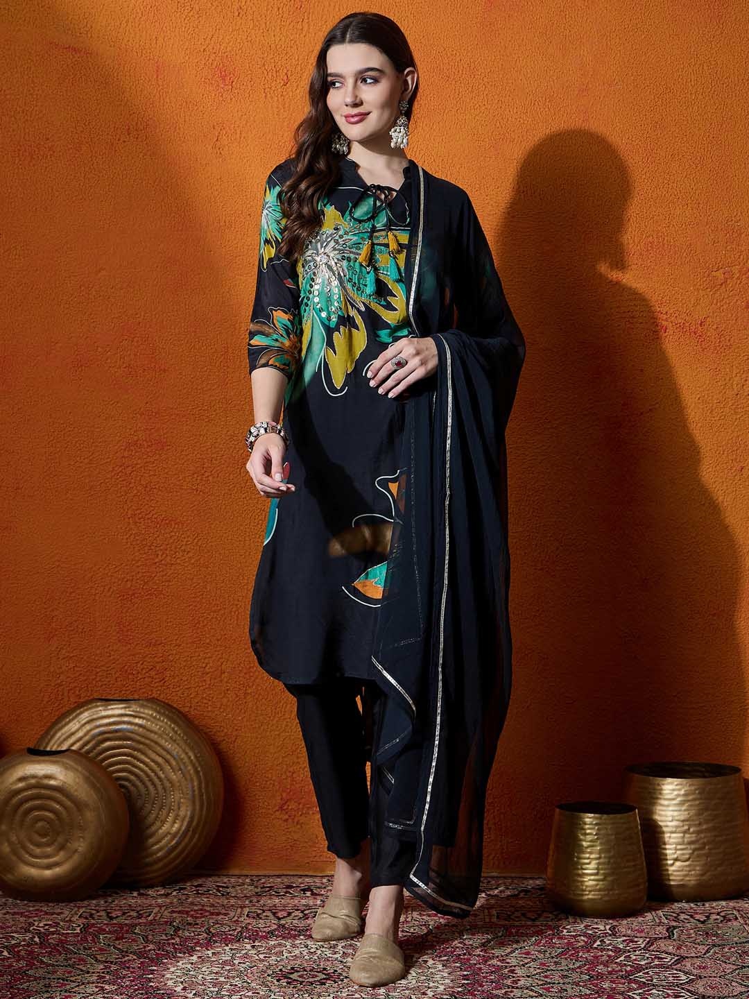 

Sangria Floral Embroidered Sequinned Kurta With Trouser And Dupatta, Black