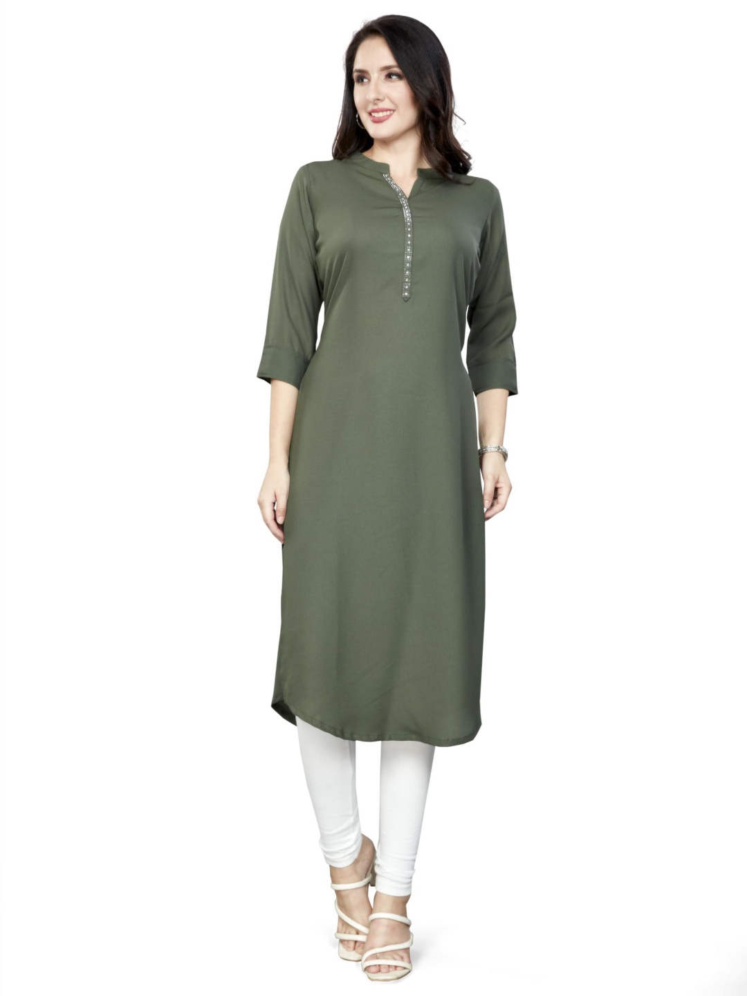 

Nioni Swarovski Mandarin Collar Dobby Linen Straight Kurta, Olive