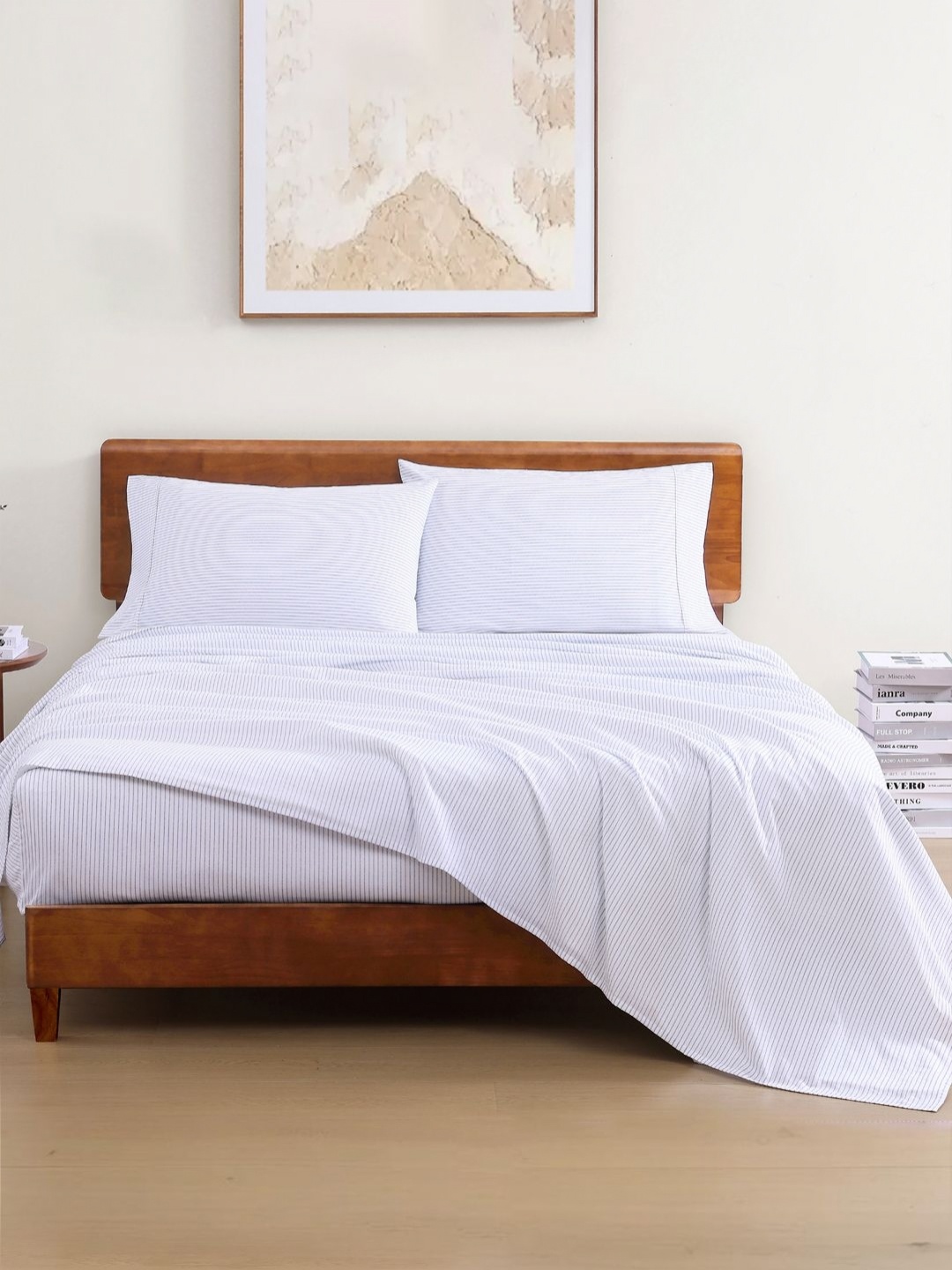 

LANE LINEN Blue & White Striped 144 TC Single Bedsheet with 1 Pillow Covers