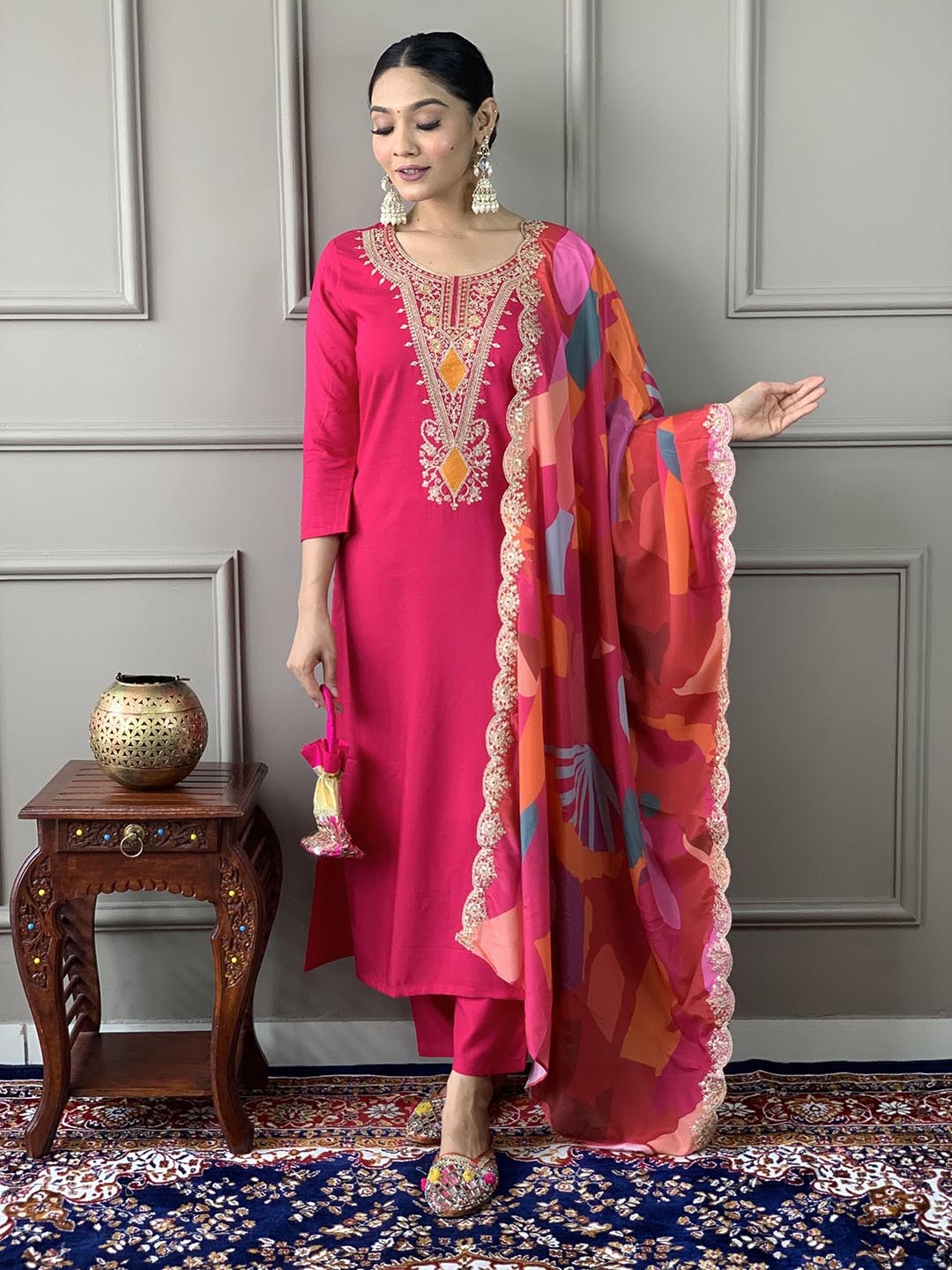 

SHOPONBIT Floral Yoke Design Sequinned Silk Crepe Straight Kurta With Trousers & Dupatta, Fuchsia
