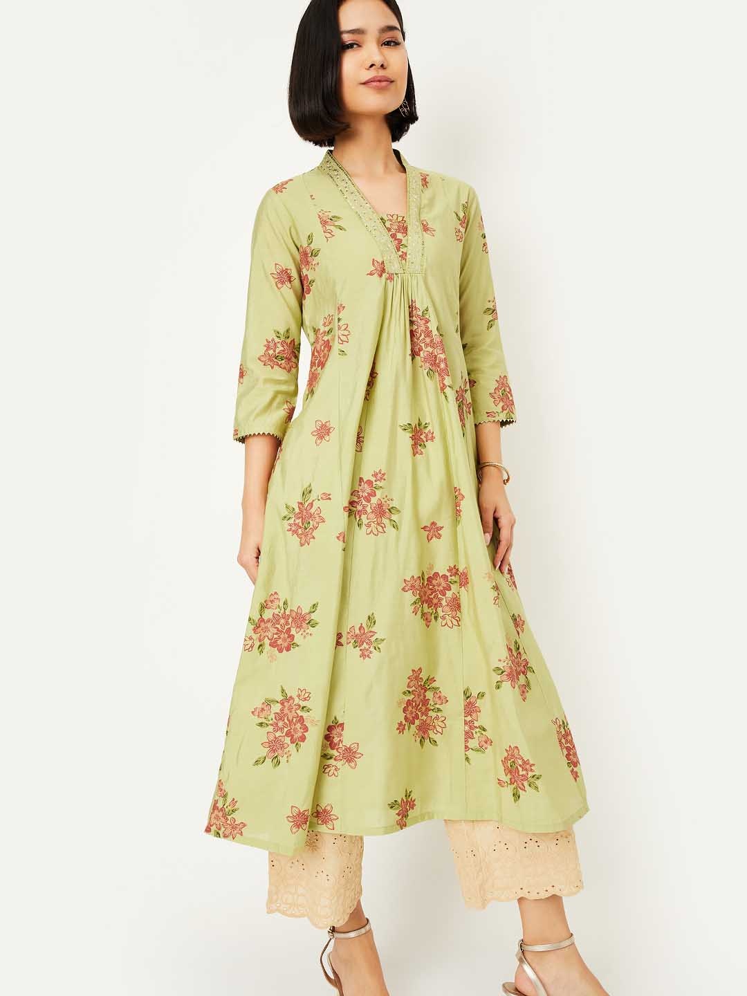 

max Floral Printed Pleated V-Neck A-Line Kurta, Green