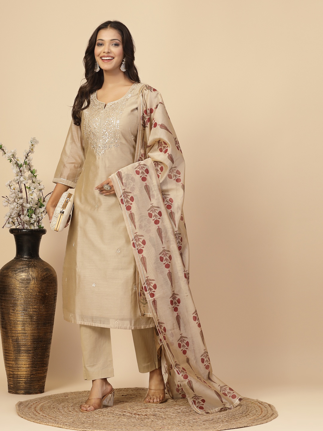 

Shangri LA MS Designs Ethnic Motifs Yoke Design Mirror Work Kurta with Trouser & Dupatta, Beige