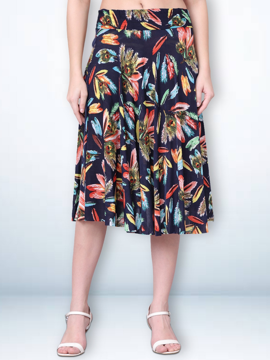 

Jinfo Printed Knee Length Flared Skirt, Navy blue