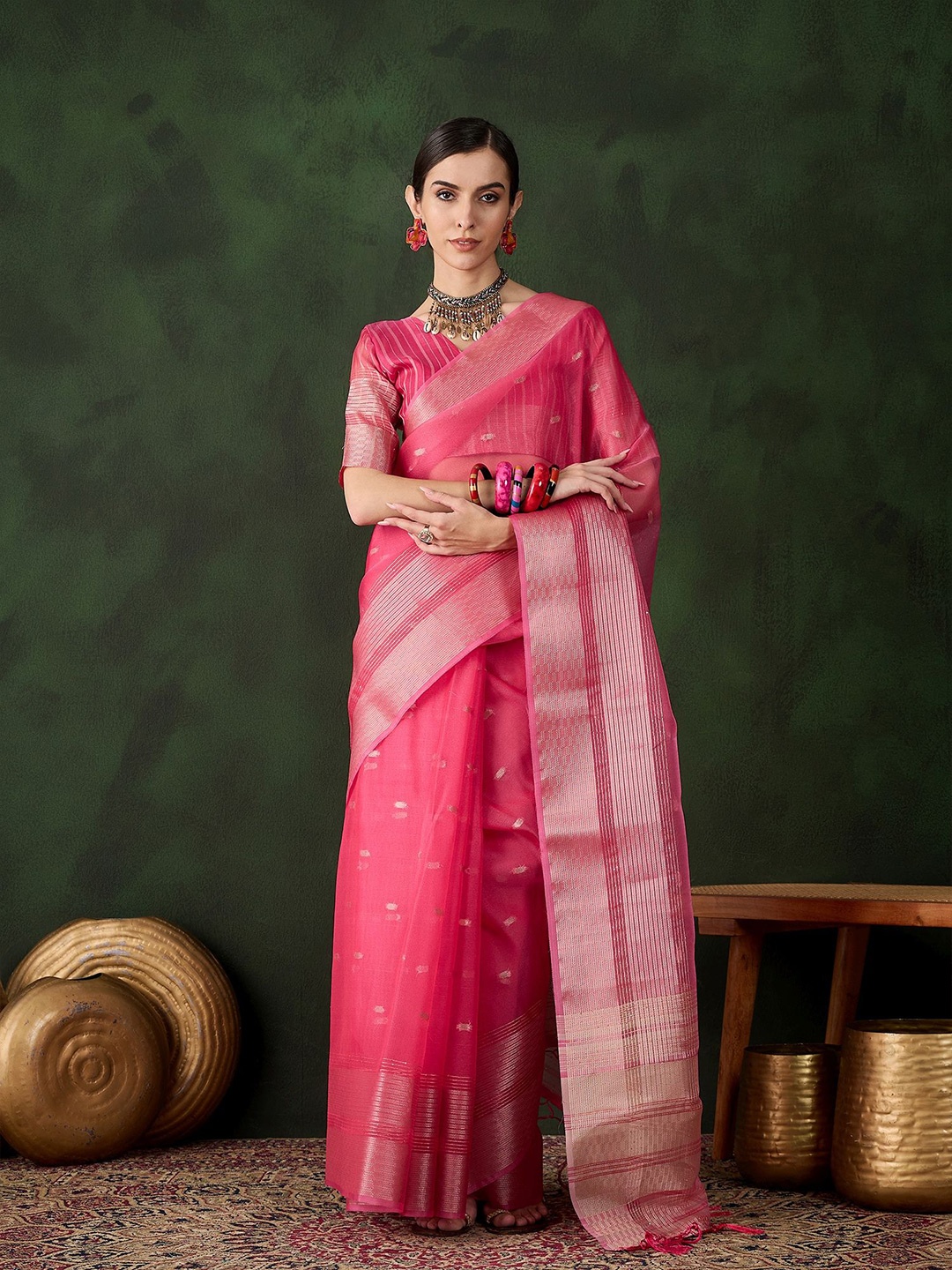 

Mitera Woven Design Zari Organza Heavy Work Kanjeevaram Saree, Pink