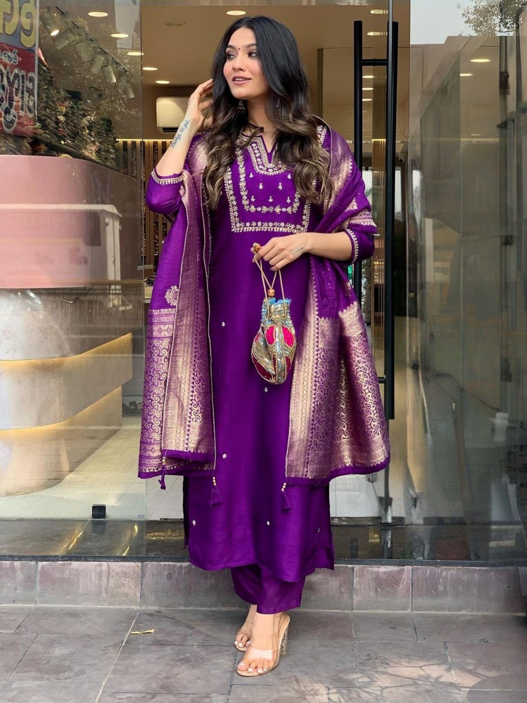 

KALINI Women Embroidered Regular Thread Work Chanderi Silk Kurta with Trousers & With Dupatta, Purple