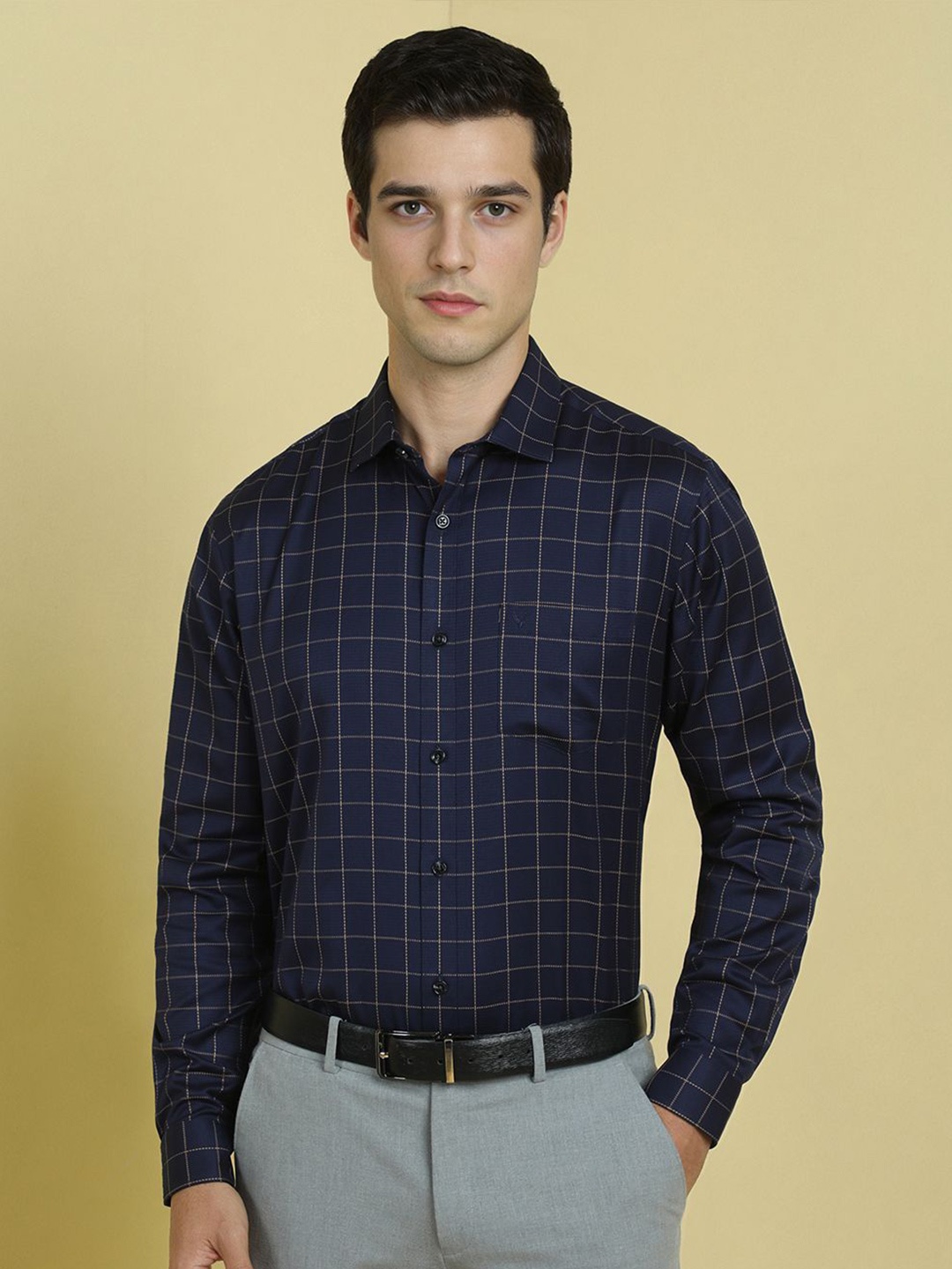 

Allen Solly Men Slim Fit Spread Collar Checked Cotton Formal Shirt, Navy blue
