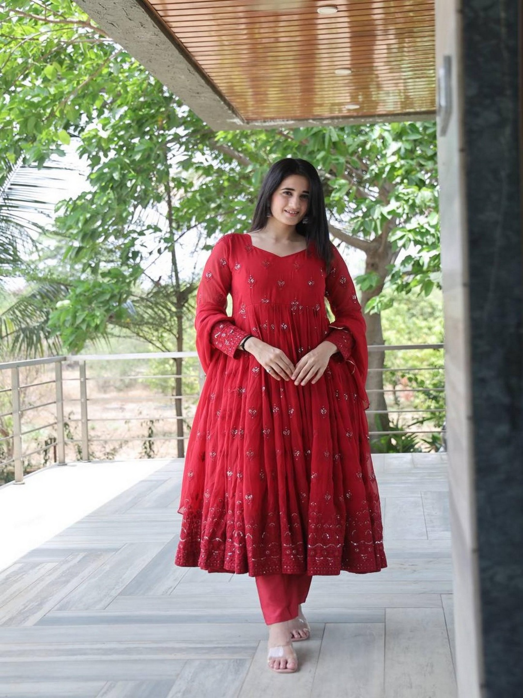 

ZEEPKART Women Ethnic Motifs Embroidered Empire Mirror Work Silk Georgette Kurta with Dhoti Pants & With, Red