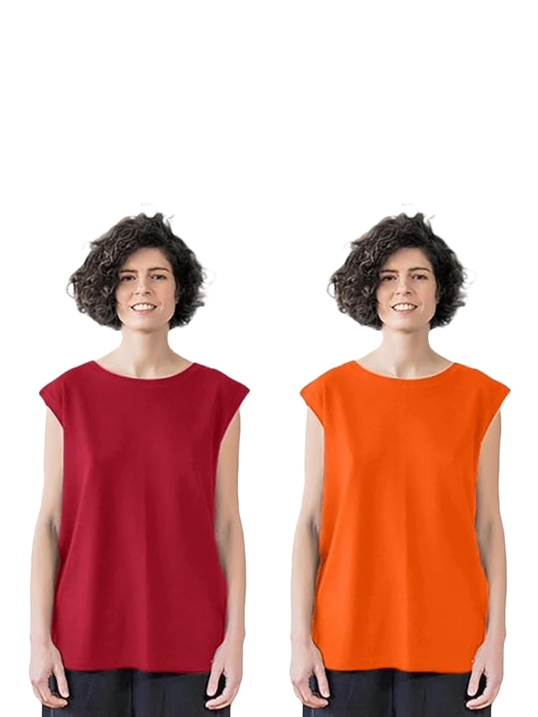 

NOTWILD Women Pack Of 2 Solid Round Neck Cotton Oversized T-shirts, Red