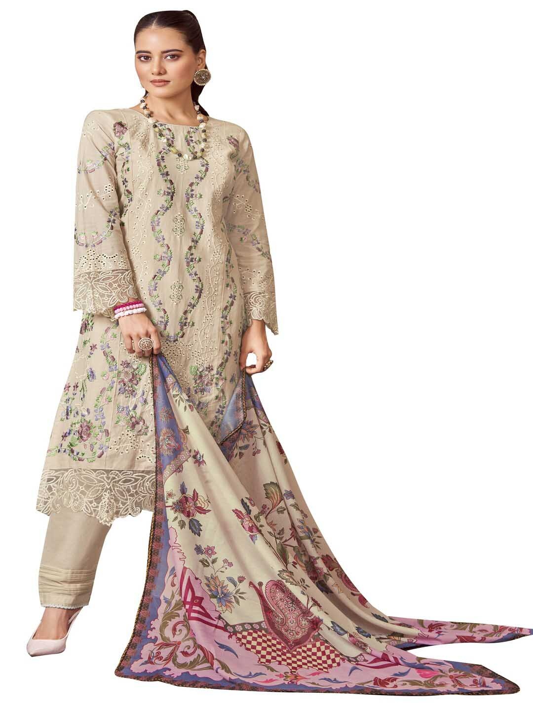 

DRAVINAM Floral Embroidered Pure Cotton Unstitched Dress Material, Beige