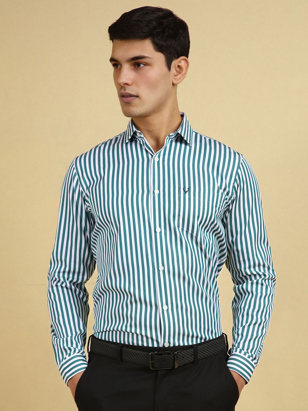 

Allen Solly Men Slim Fit Spread Collar Vertical Striped Cotton Formal Shirt, Teal