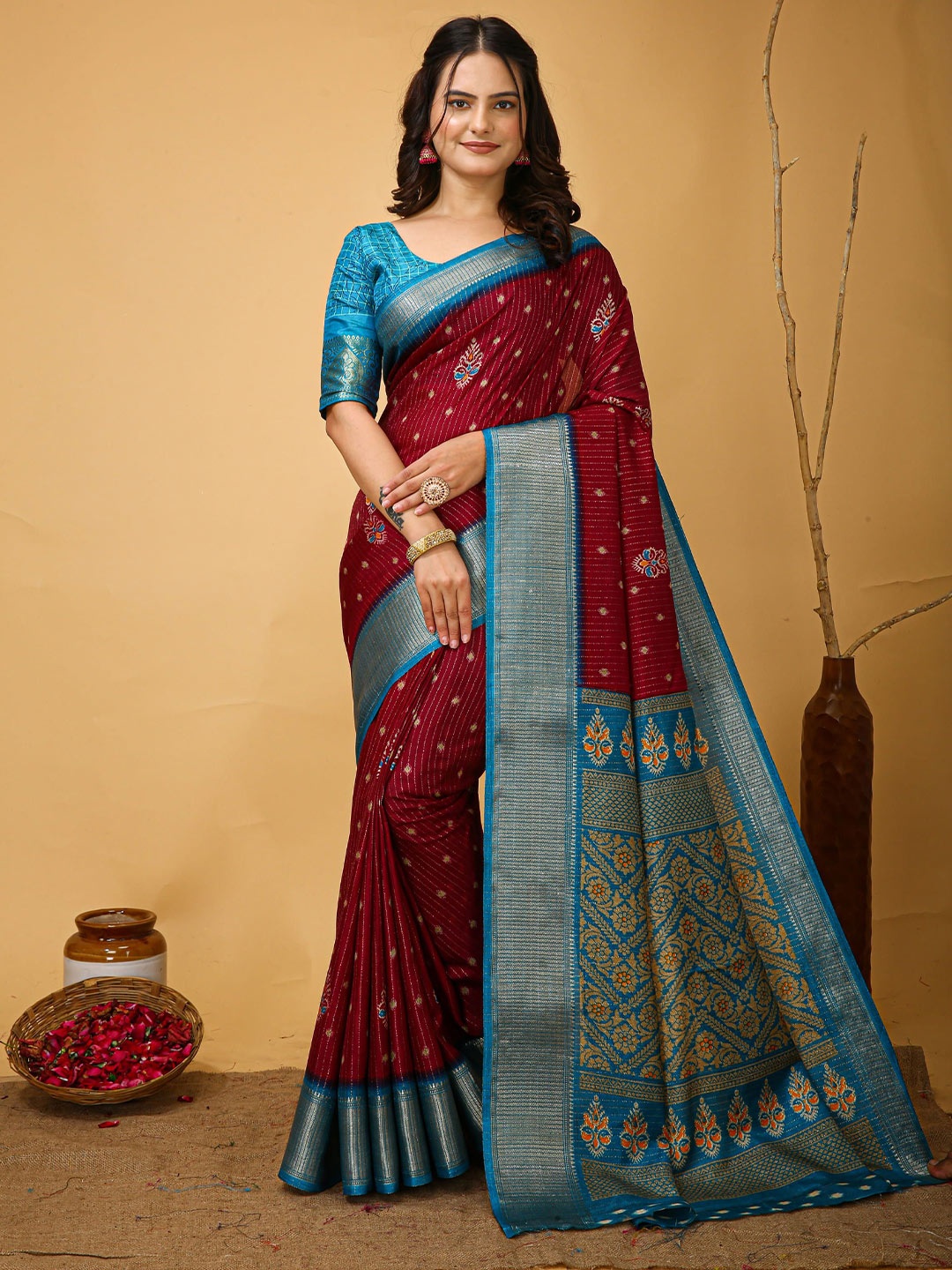 

KAYOMMI Kalamkari Printed Kanjeevaram Saree, Maroon