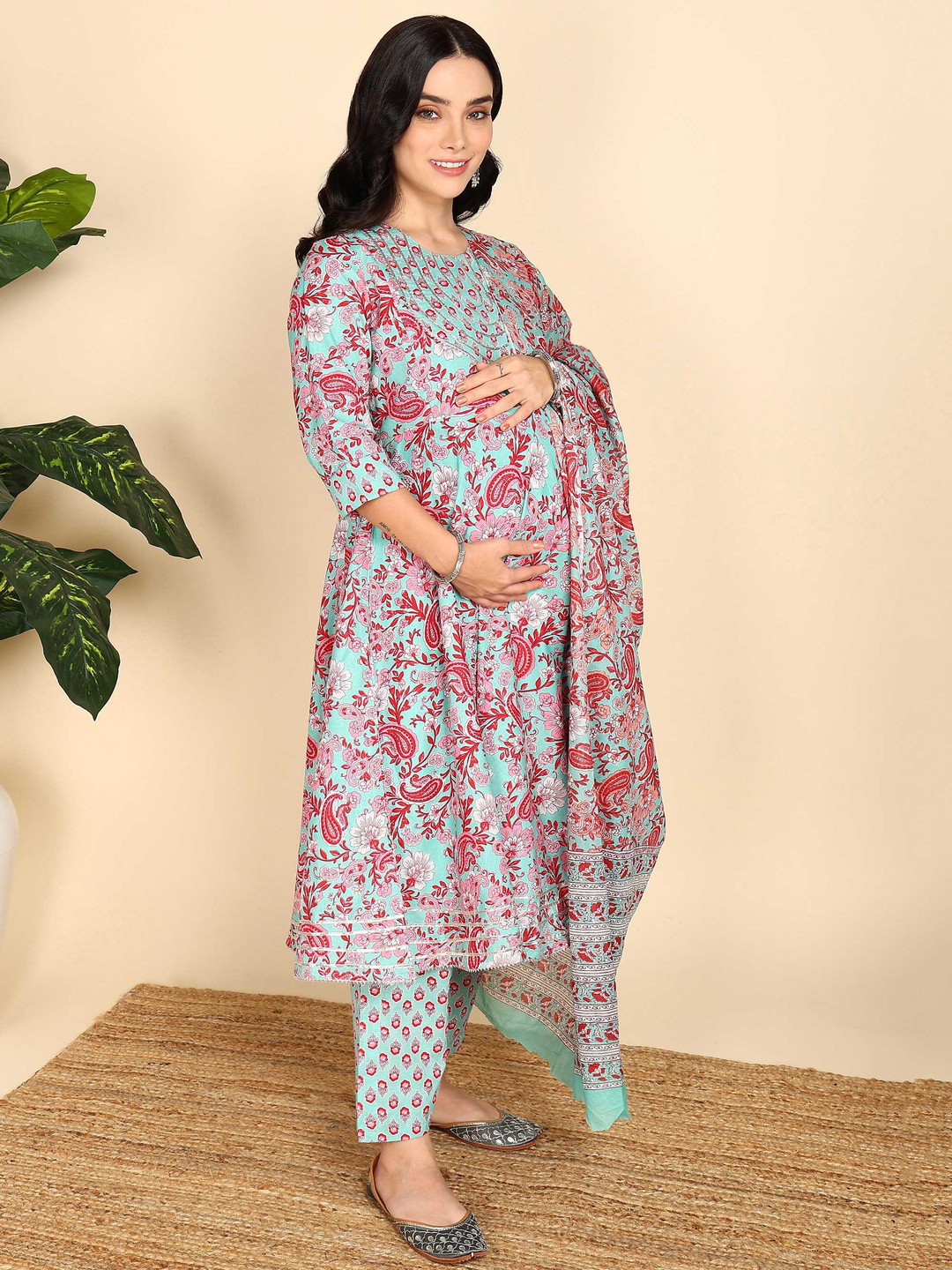 

Moms Ever Women Floral Printed Pure Cotton Maternity & Feeding Kurta Set with Dupatta, Teal