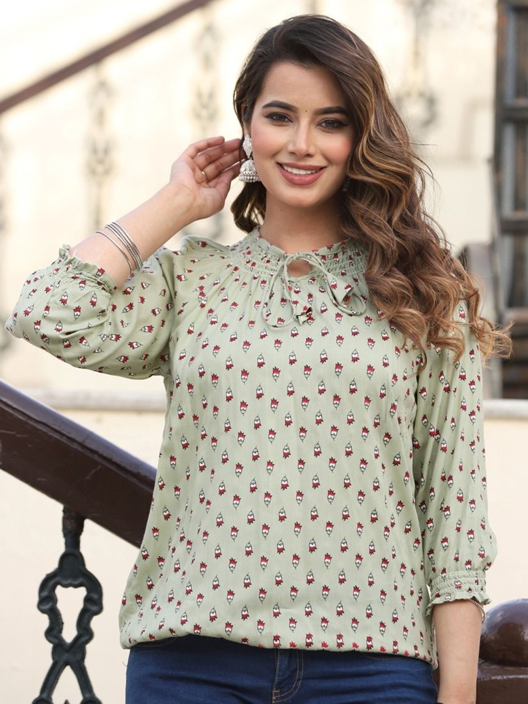 

HIMANC Floral Print Tie-Up Neck Top, Green