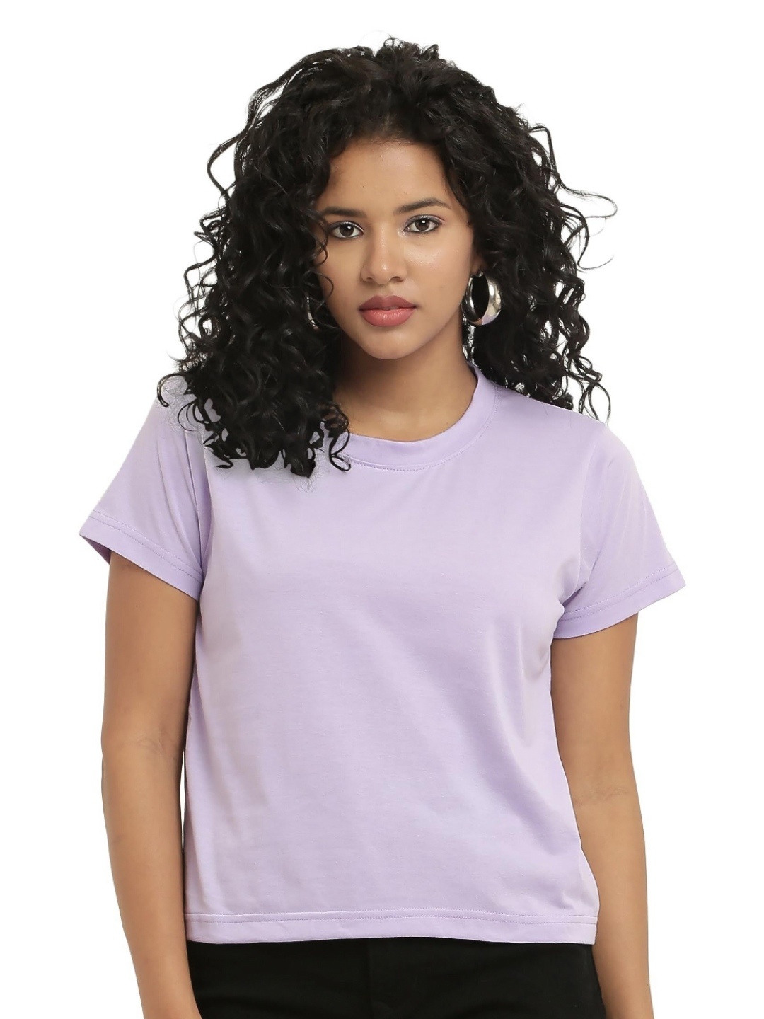 

NOTWILD Women Solid Round Neck Cotton Boxy T-shirt, Lavender