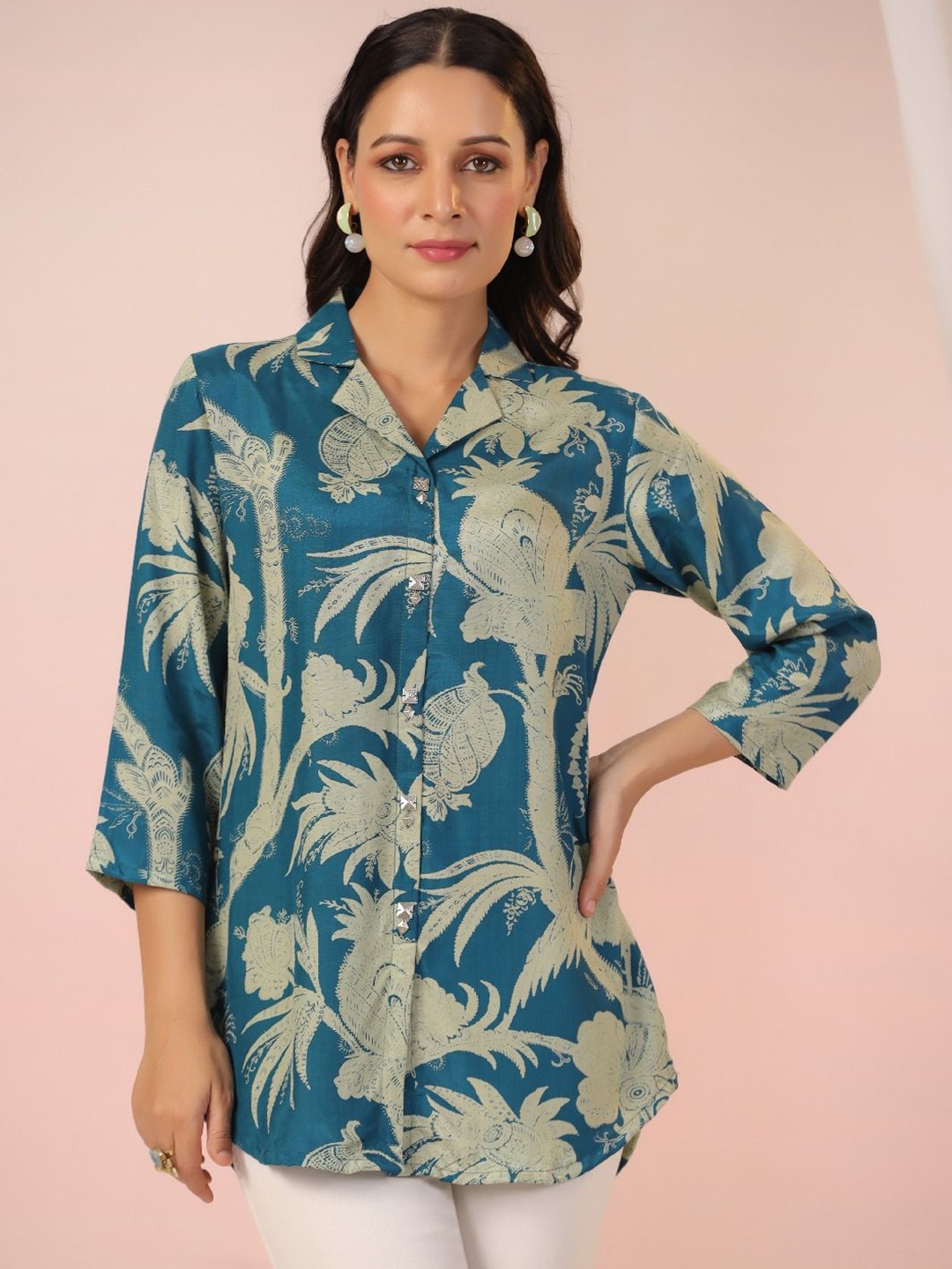 

Kaftanize Women Comfort Fit Cuban Collar Floral Printed Silk Casual Shirt, Navy blue