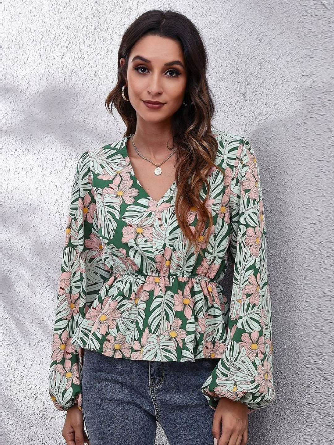

Oh Rare Floral Print Wrap Top, Green